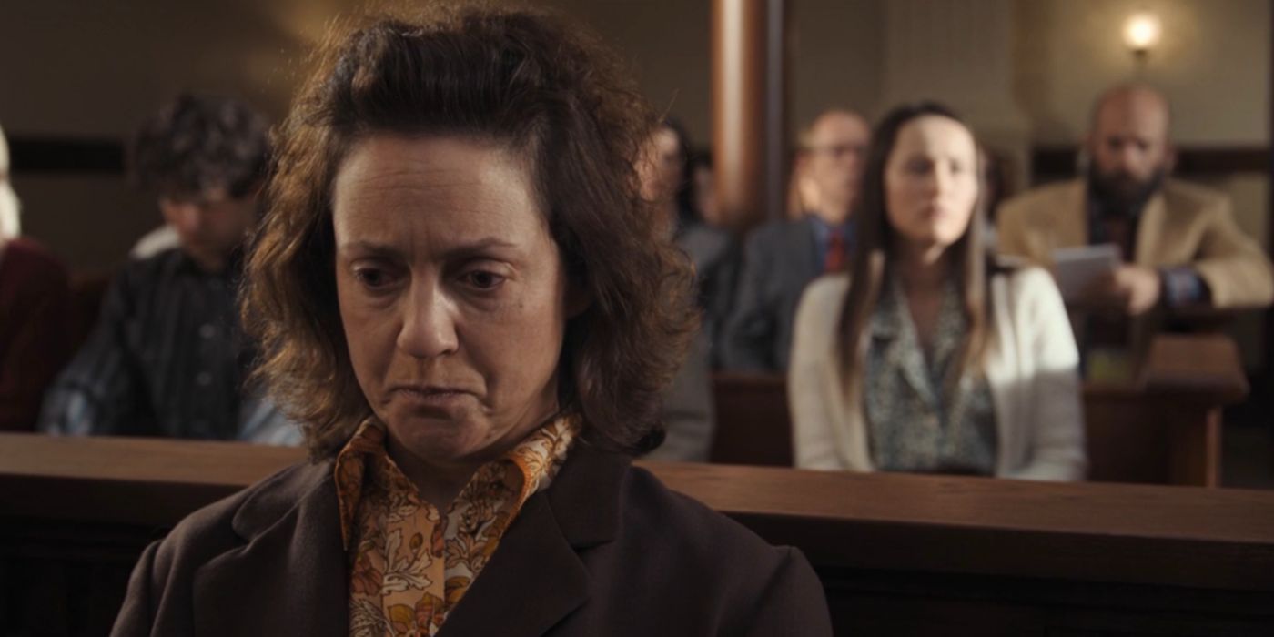 Kali Rocha as Ruth Riddle looking upset in court in Waco the Aftermath.