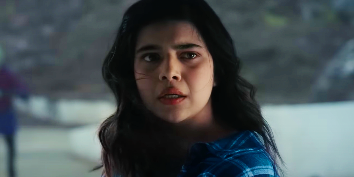 Kamala Khan looks concerned with a scratch on her face in The Marvels
