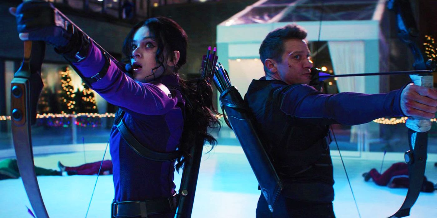 Kate Bishop and Clint Barton firing arrows on an ice rink in Hawkeye finale
