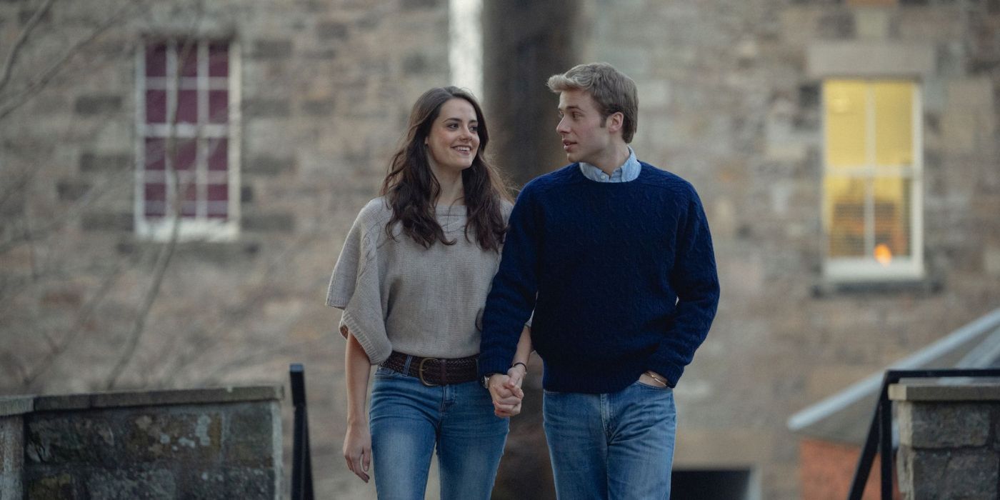 Kate Middleton (Meg Bellamy) and Prince William (Ed McVey) holding hands in a scene from The Crown season 6