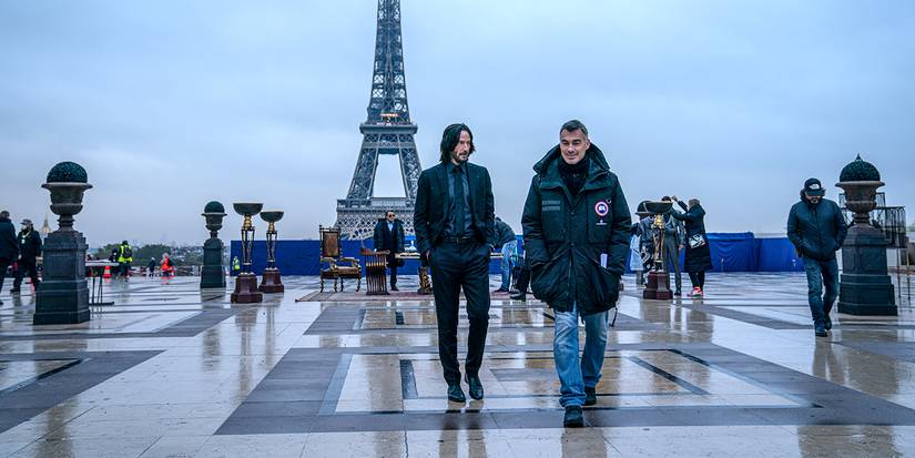 Keanu Reeves and Chad Stahelski on John Wick Chapter 4 set