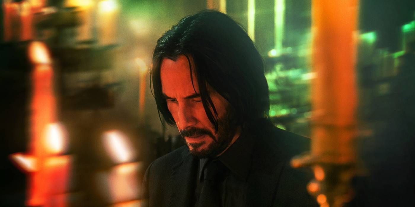 Keanu Reeves in John Wick Chapter 4 in a blurred action shot