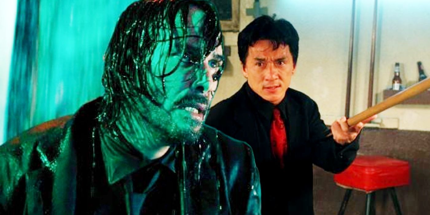 Custom image of Keanu Reeves soaking wet as John Wick juxtaposed with Jackie Chan holding a staff in a fight stance in Rush Hour 3.