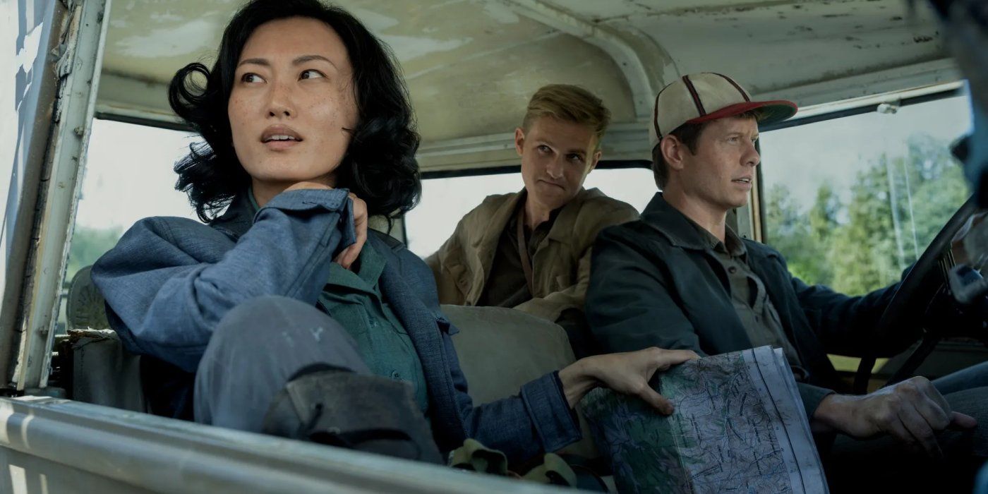 Keiko (Mari Yamamoto), Bill Randa (Anders Holm), and Lee Shaw (Wyatt Russell) ride in a truck in Monarch: Legacy of Monsters
