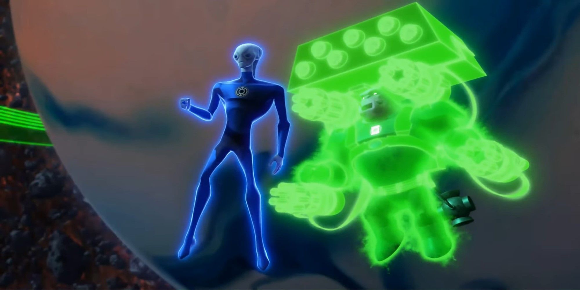 Kilowog, Saint Walker, and Mogo fight together in Green Lantern The Animated Series.