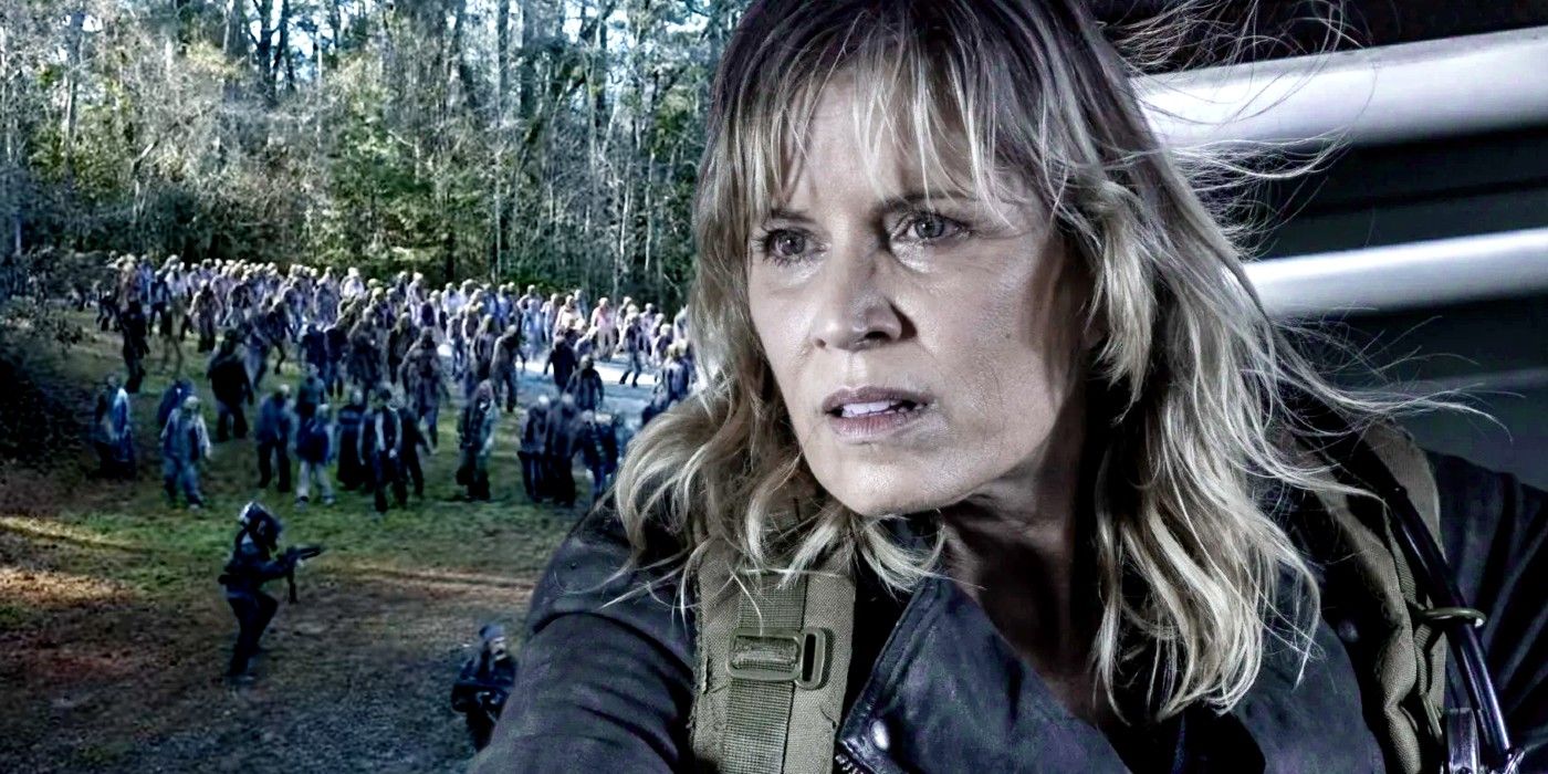 Kim Dickens as Madison Clark and zombie herd in Fear The Walking Dead