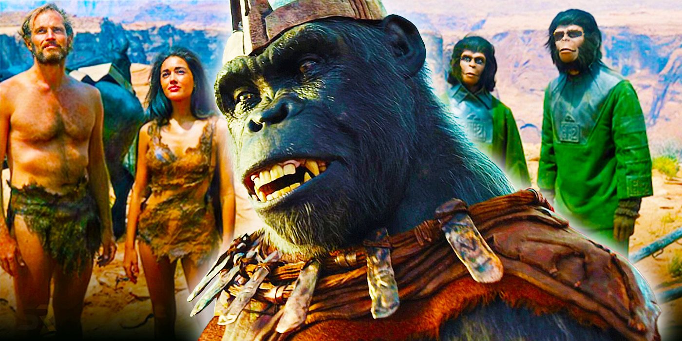 Collage de los personajes originales del Planeta de los Simios y personajes de la nueva película.