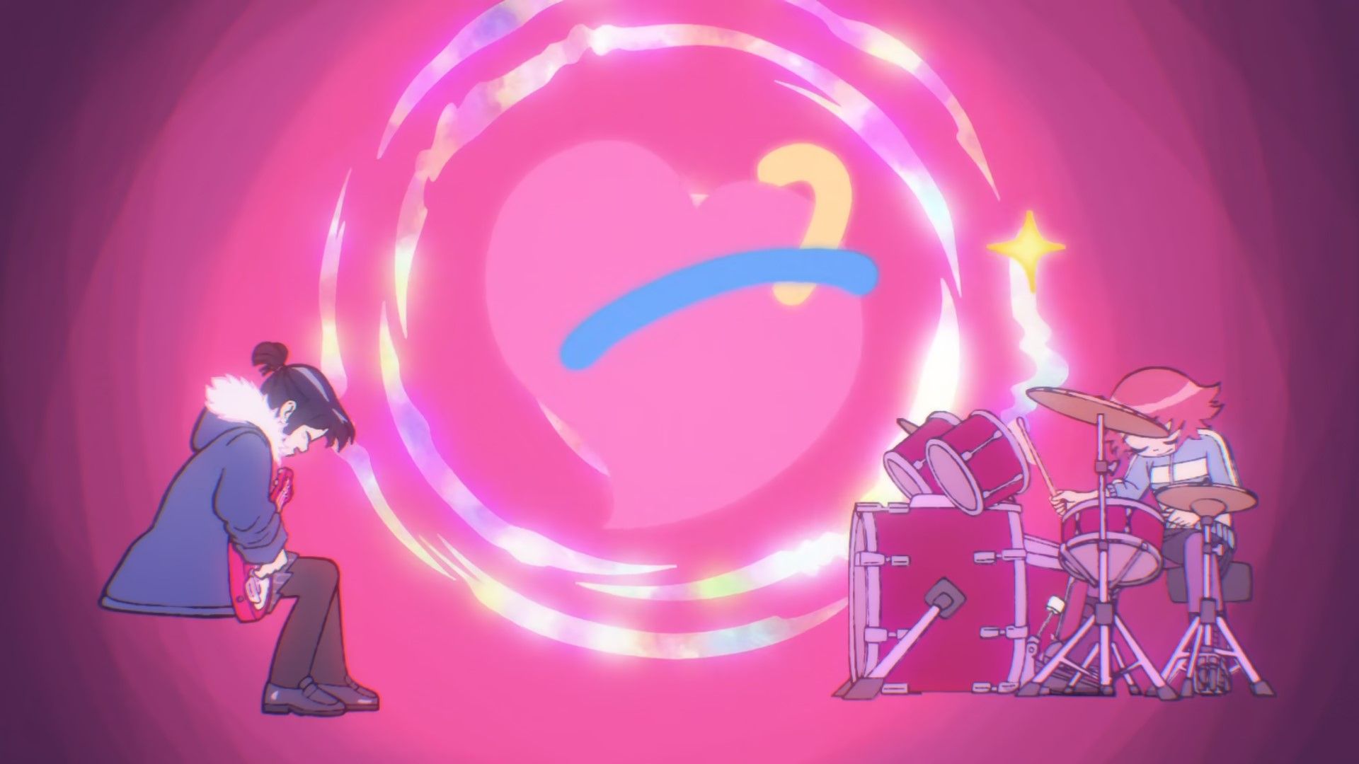 Screenshot from Netflix's Scott Pilgrim Takes Off anime show Knives playing a bass while wearing Scott old jacket and him getting into the groove on drums while a large pink heart floats between them.
