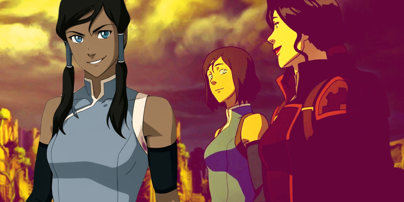 This collage shows Korra from season 1 next to Korra and Asami from the finale.