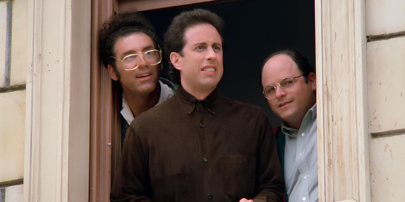 Kramer, Seinfeld and George looking out a window in Seinfeld
