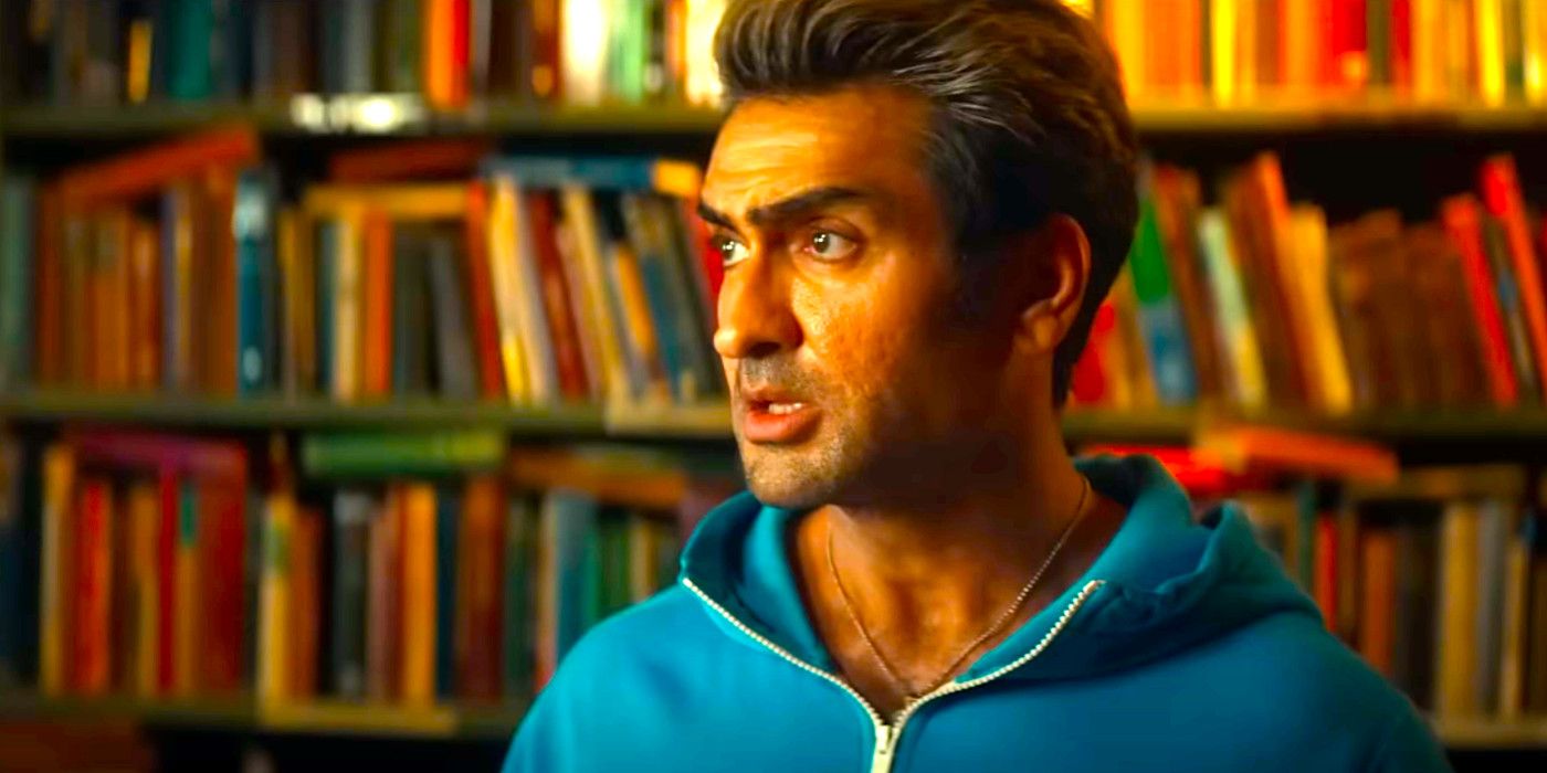Kumail Nanjiani being dramatic in a room full of books in Ghostbusters Frozen Empire