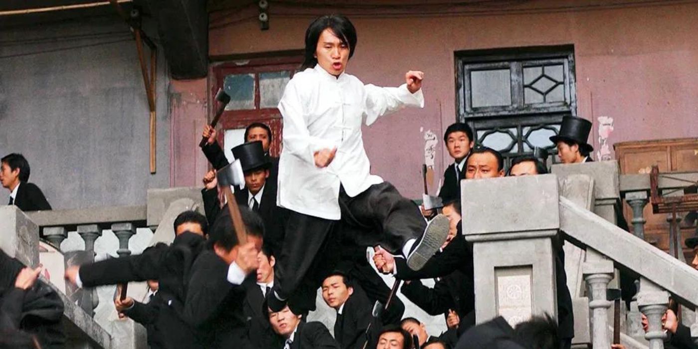Sing kicking through various members of the notorious Axe gang at the climax of 2005's Kung Fu Hustle