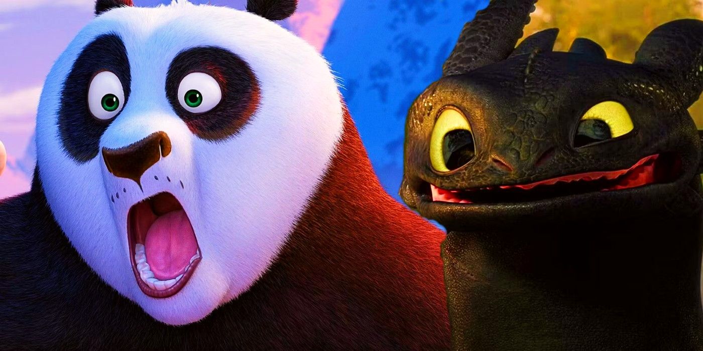 Po with his mouth open in Kung Fu Panda and Toothless smiling in How to Train Your Dragon 