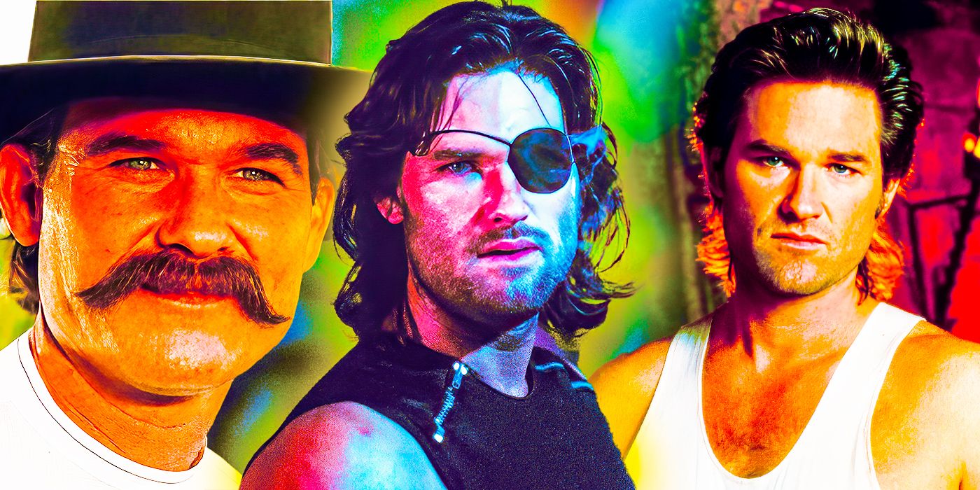 Collage of Kurt Russell action movie roles: Wyatt Earp in Tombstone, Snake Plissken in Escape from New York, Jack Burton in Big Trouble in Little China