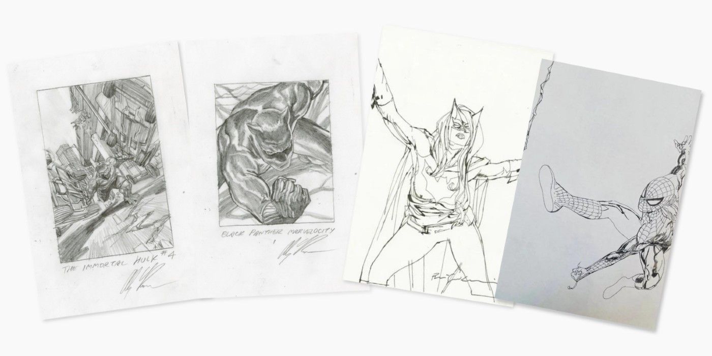 Original sketches by Alex Ross and Bill Sienkiewicz for the Lake Como Comic Art Festival