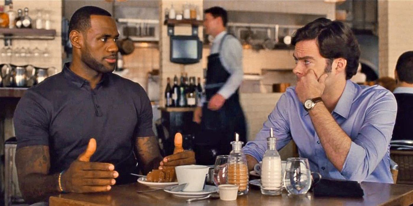 Lebron James and Bill Hader at a cafe in Trainwreck.