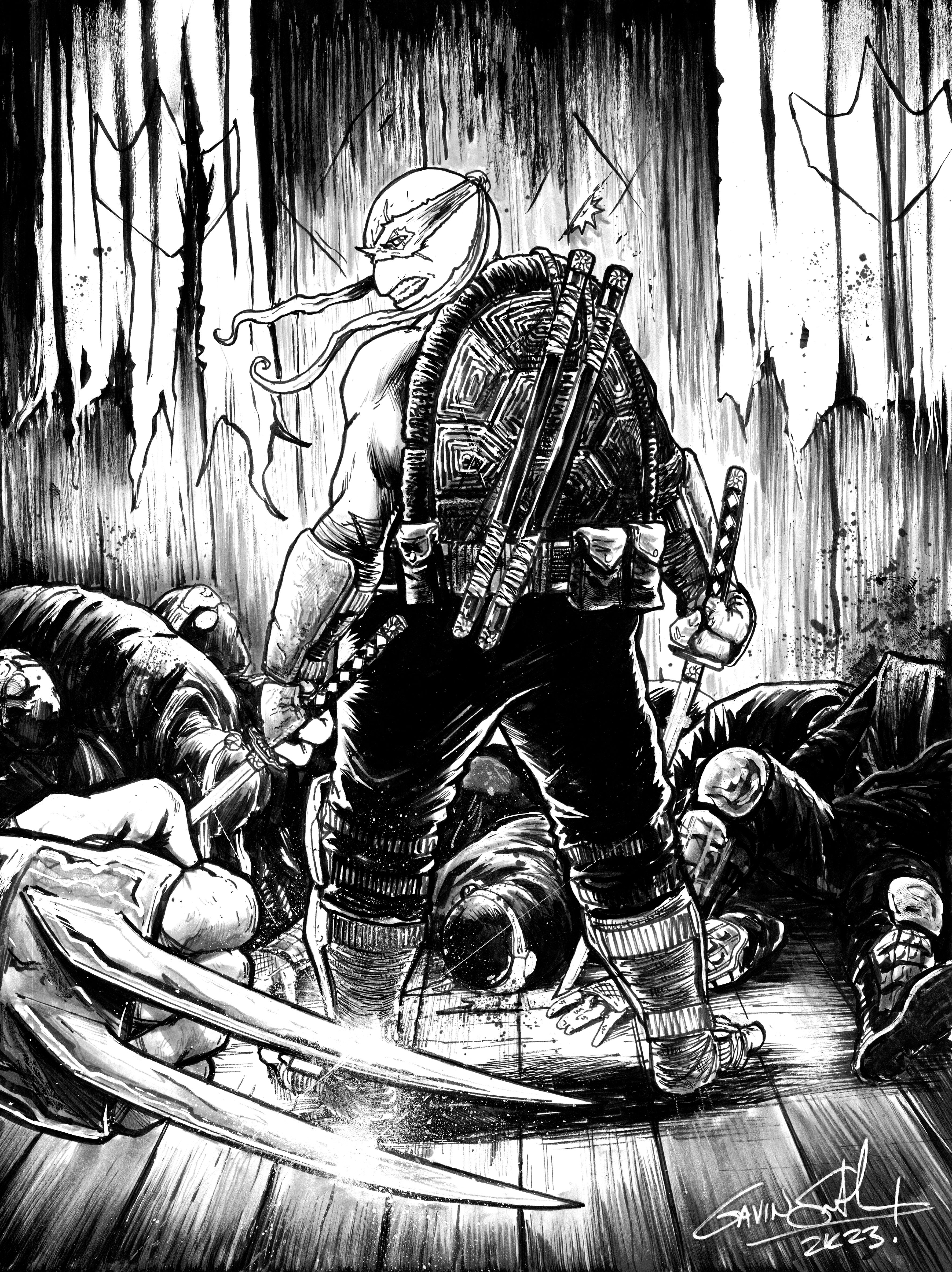 Leo standing over beaten foot clan members