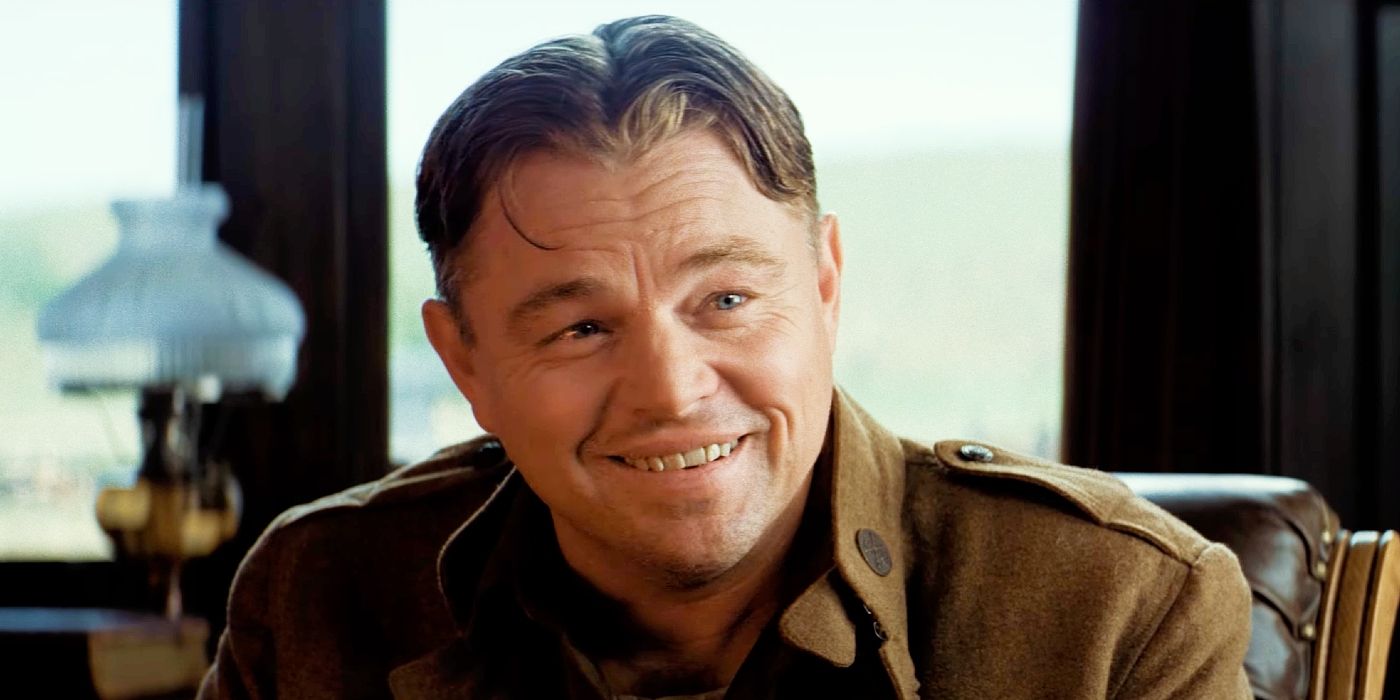 Leonardo DiCaprio smiling as Ernest Burkhart in Killers of the Flower Moon.