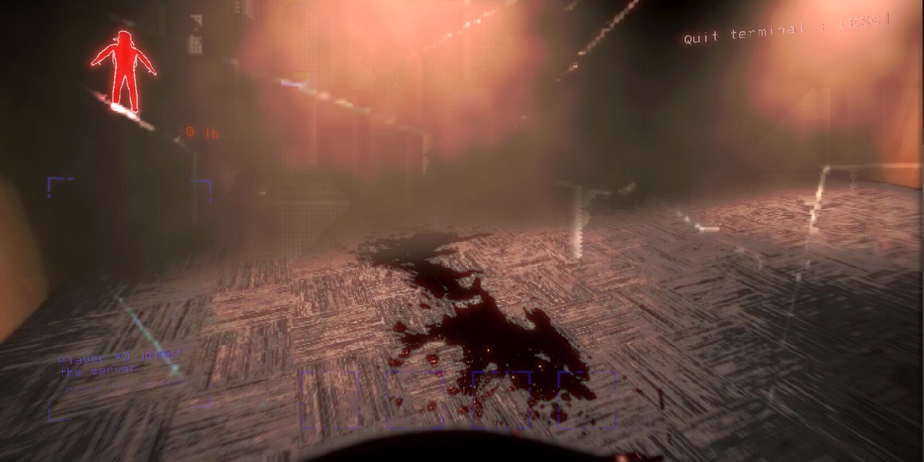 A first-person view of a blood-stained floor in Lethal Company.