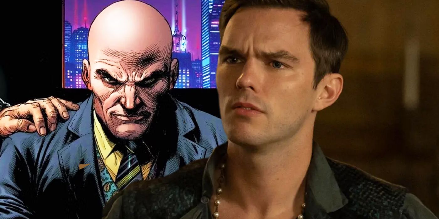 A split image of Lex Luthor staring menacingly in a DC Comic and Nicholas Hoult looking confused in Renfield