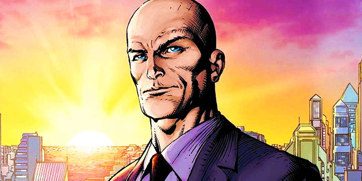 Lex Luthor com fundo de cidade amarelo e rosa na DC Comics