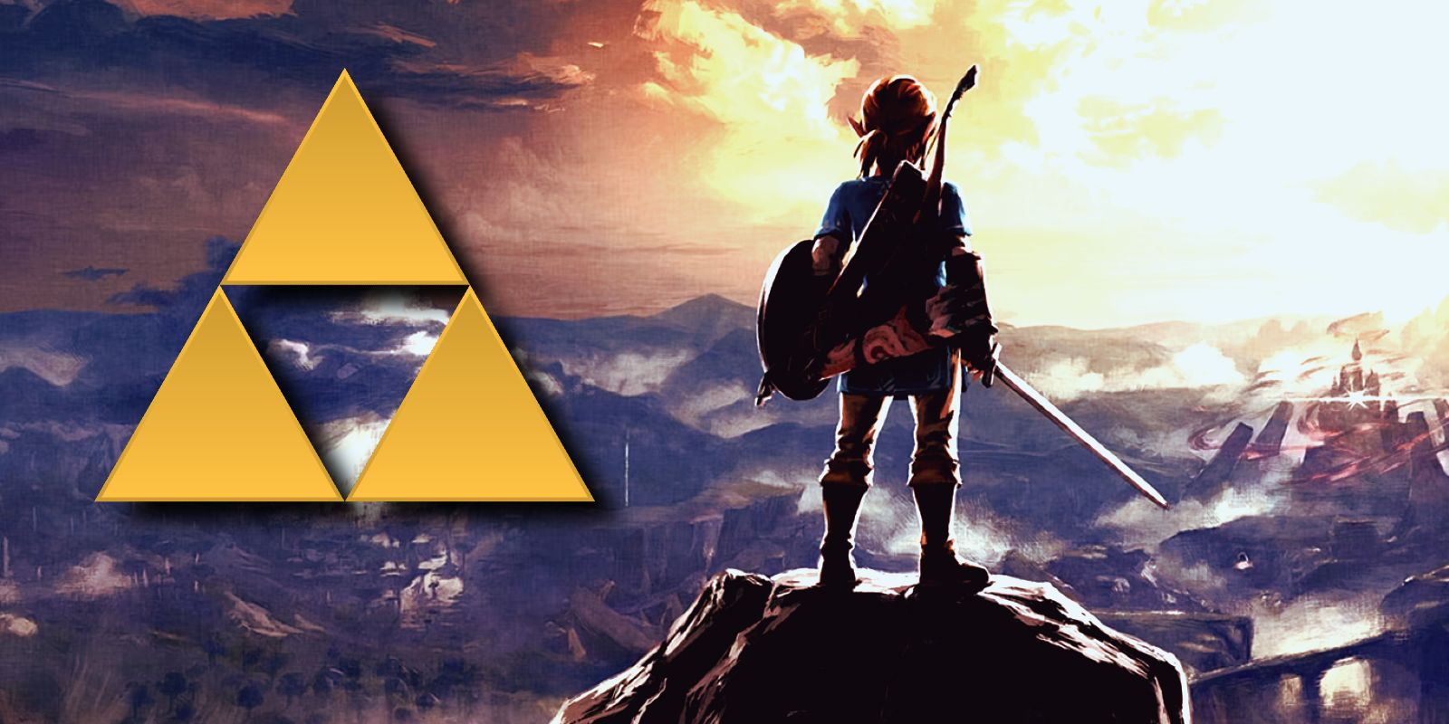 This collage shows Link in front of Hyrule with the Triforce next to it.