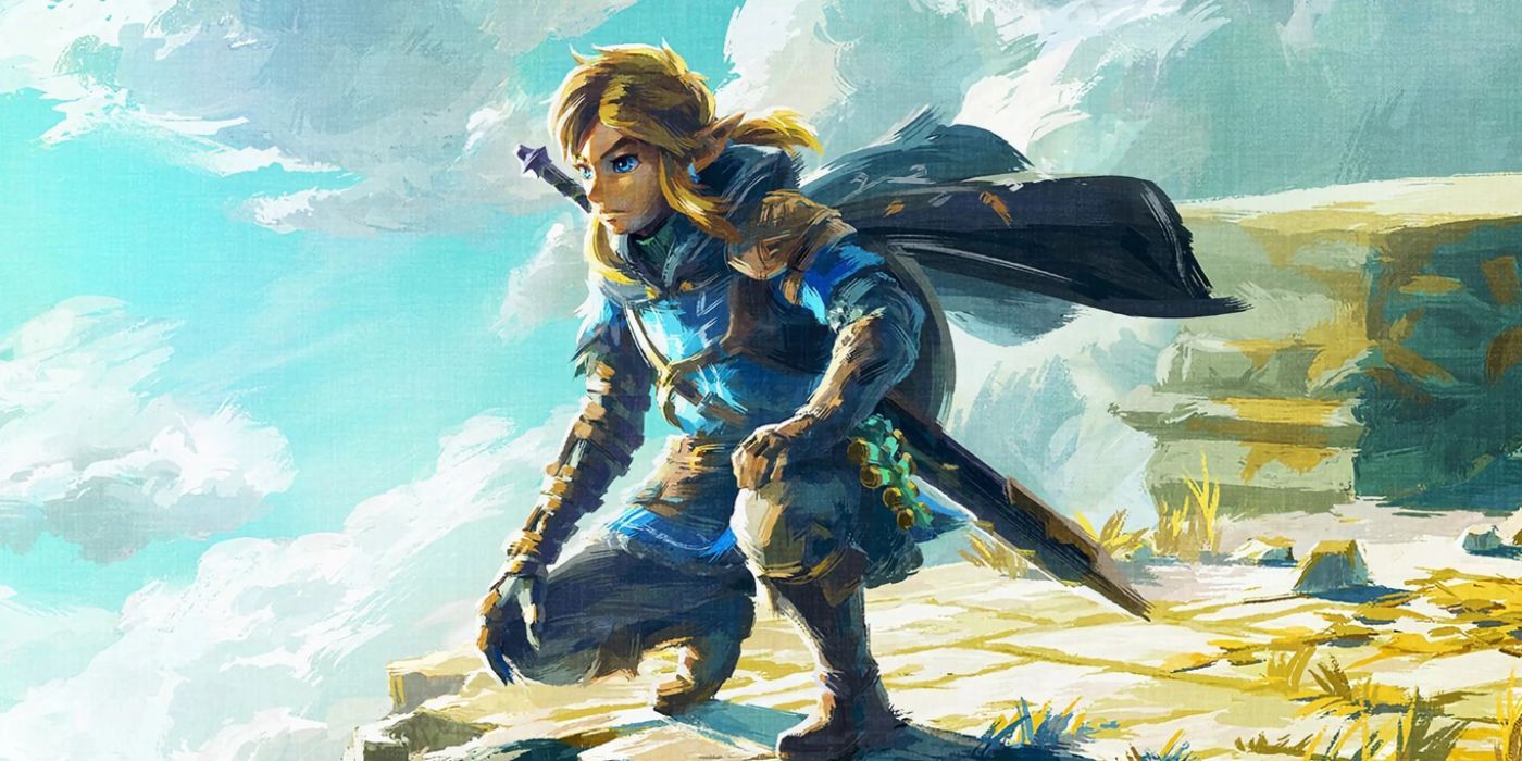 Link arrodillado sobre un acantilado en The Legend of Zelda