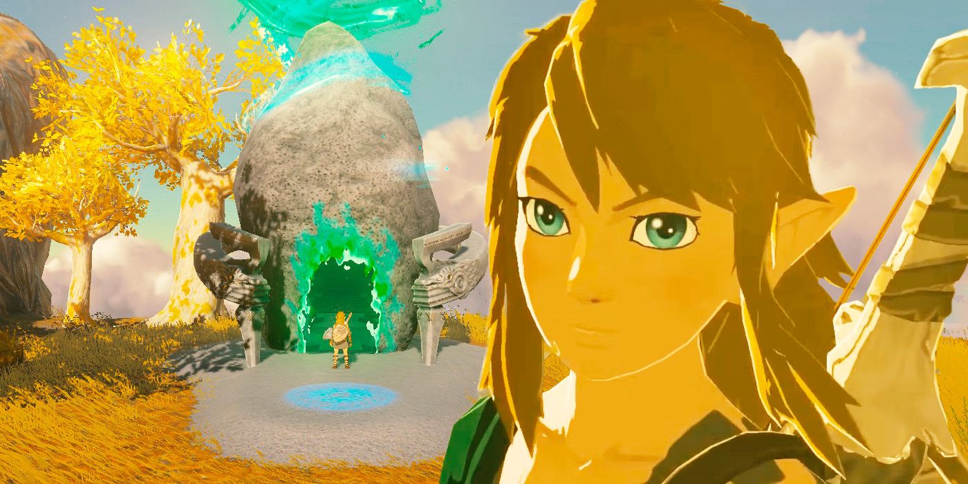 Link looking at the camera with a shrine behind him in Zelda Tears of the Kingdom