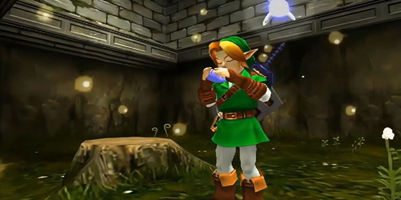 Link playing the ocarina in The Legend of Zelda
