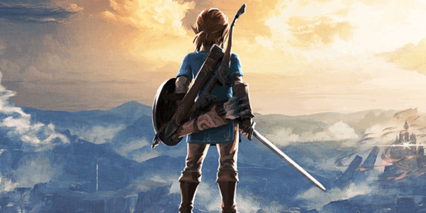 Link parado sobre un acantilado contemplando la vista en The Legend of Zelda