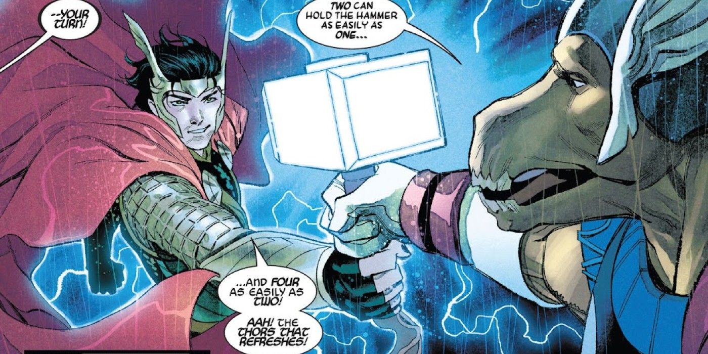 Loki and Beta Ray Bill hold the immortal thor's mighty hammer