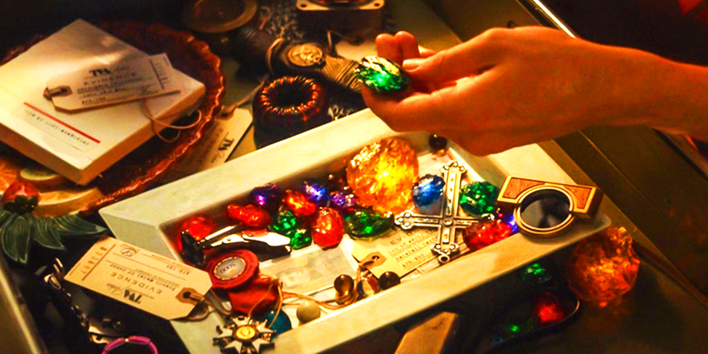 Loki examining a drawer full of Infinity Stones in Loki season 1