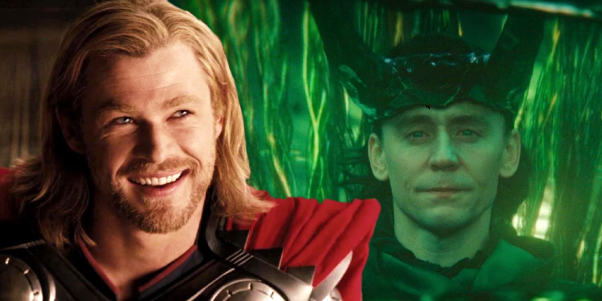 Loki as the God of Stories from Loki season 2, episode 6's ending next to Thor smiling from the 2011 movie