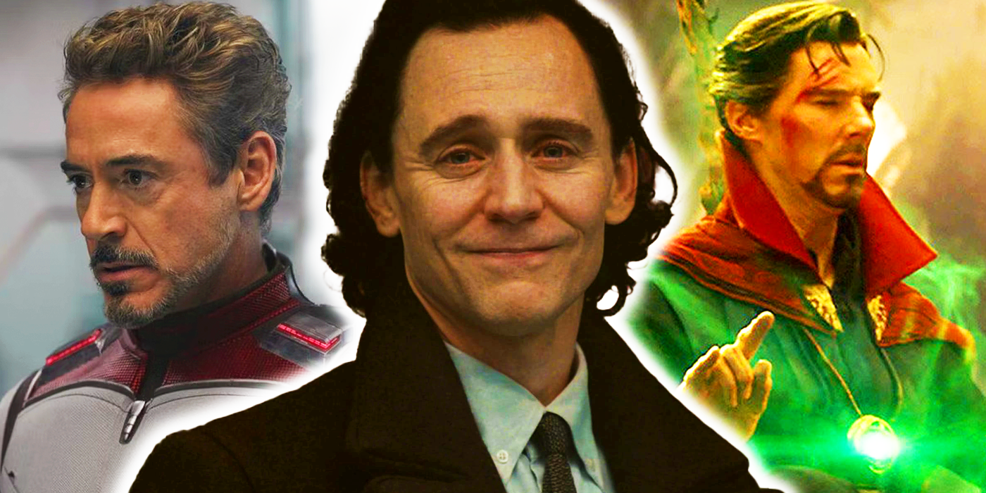 Loki smiling at the camera in Loki season 2, Tony Stark in the time travel suit in Avengers Endgame, and Doctor Strange using the Time Stone to see the future in Avengers Infinity War
