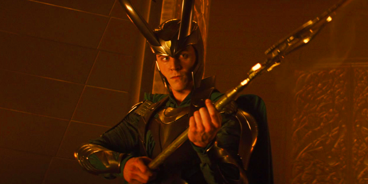 Loki with horned helmet and staff in 2011's Thor