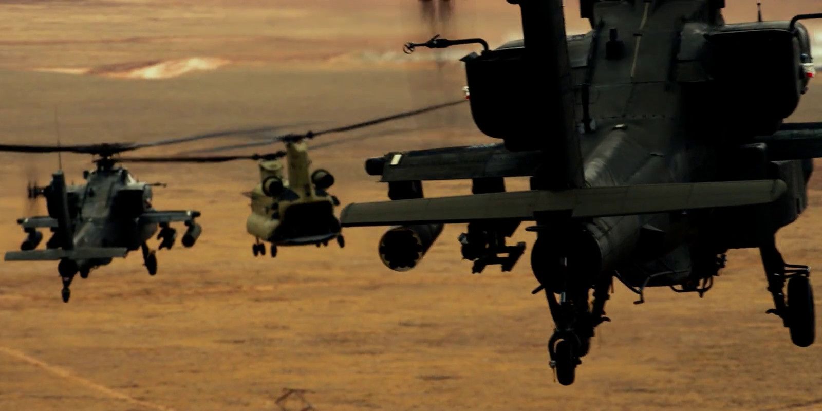 Apache helicopters swarming over desert-like land in Lone Survivor