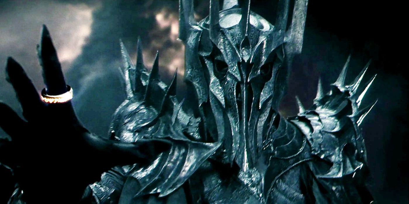 Sauron in full armor reaching forward with the One Ring on his index finger in The Lord of the Rings: The Fellowship of the Ring.