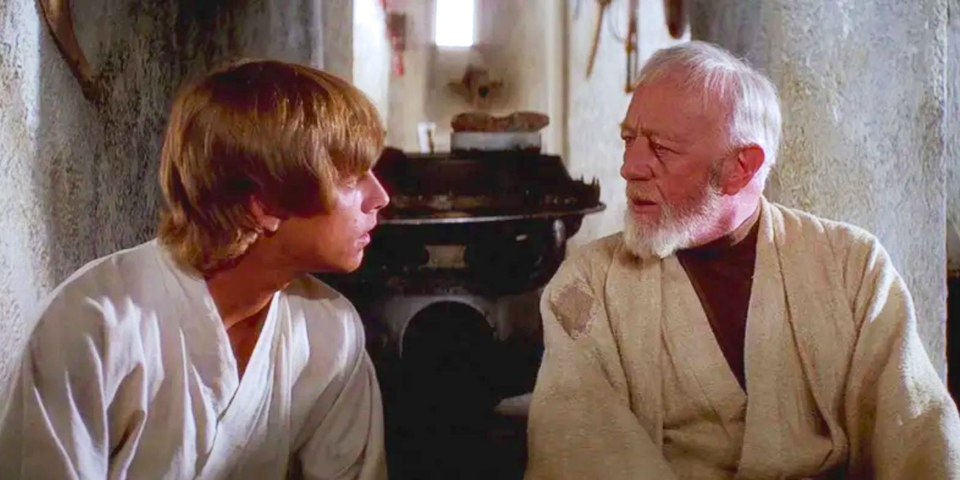 Mark Hamill's Luke Skywalker curiously awaits Alec Guinness's Obi-Wan Kenobi's response about the Clone Wars in A New Hope