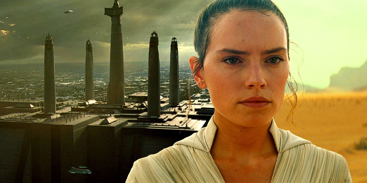 The Jedi Temple on Coruscant in Star Wars: Episode III - Revenge of the Sith and Rey on Pasaana in Star Wars: The Rise of Skywalker. 