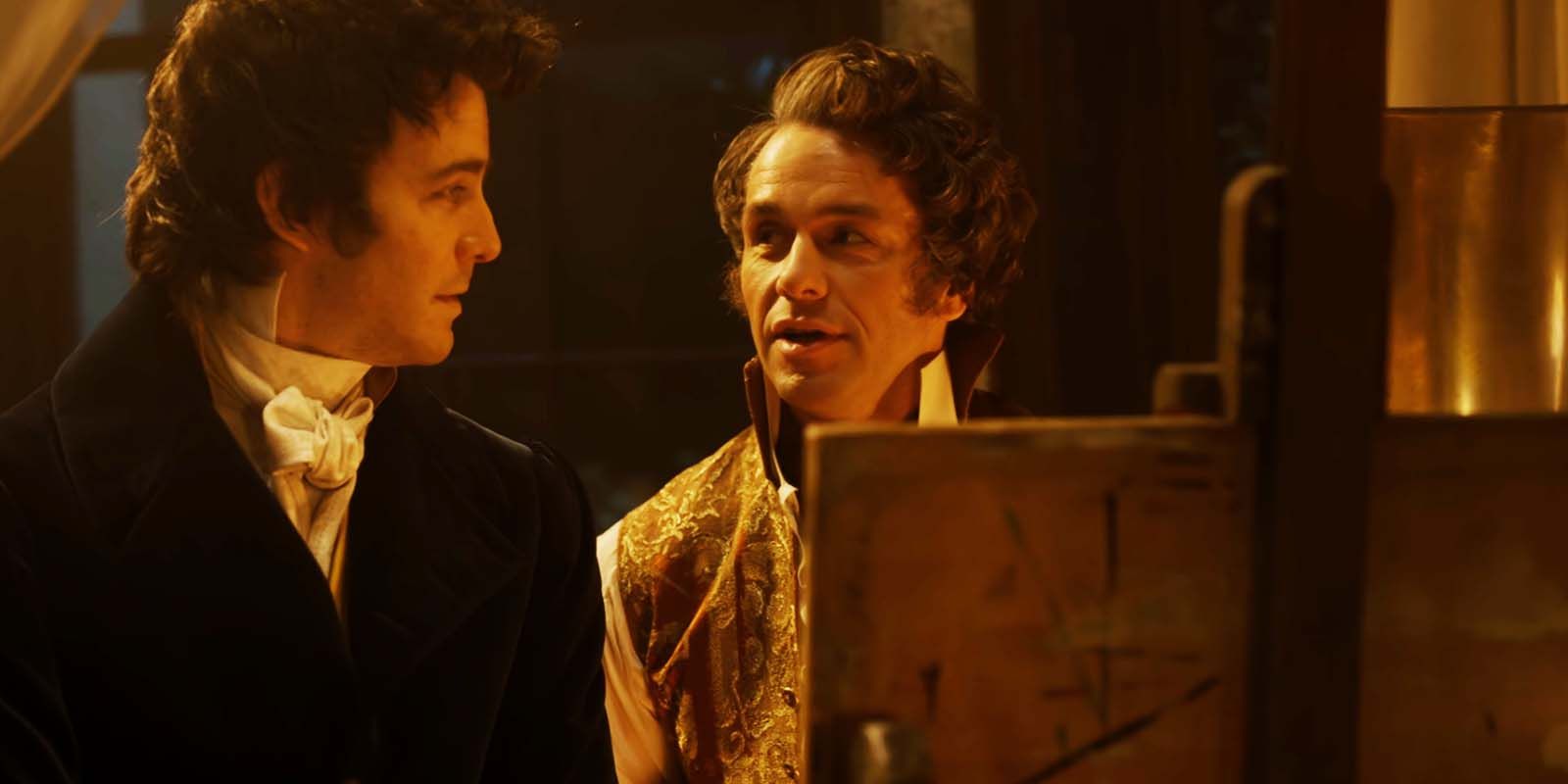 Luke Thompson as Benedict Bridgerton and Julian Ovenden as Sir Henry Granville Talking and Looking At Each Other in Bridgerton Season 1, Episode 4