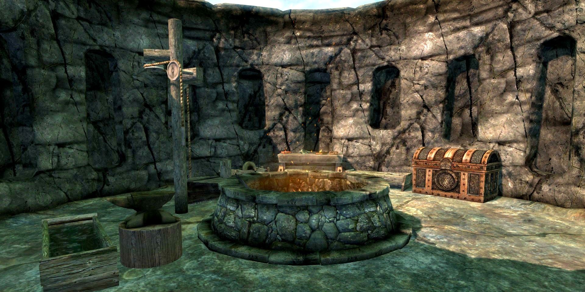 Lunar Forge with chest in the background during the day in Skyrim