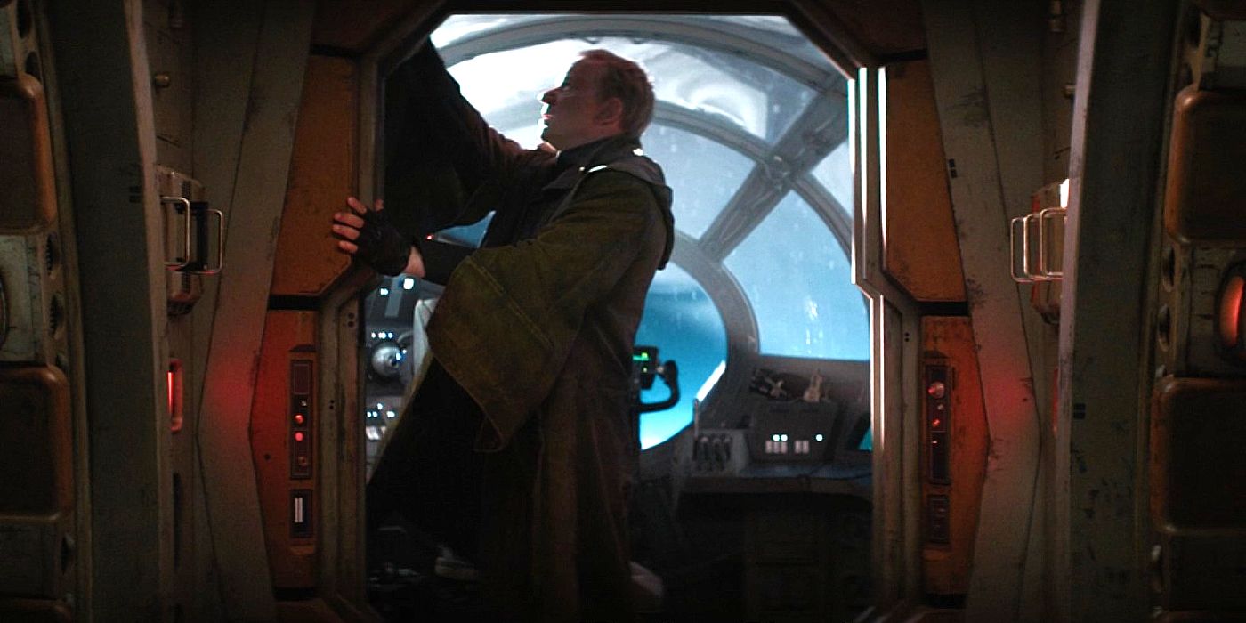 Luthen reaching above him in the Fondor's interior as the ship orbits a planet in Andor
