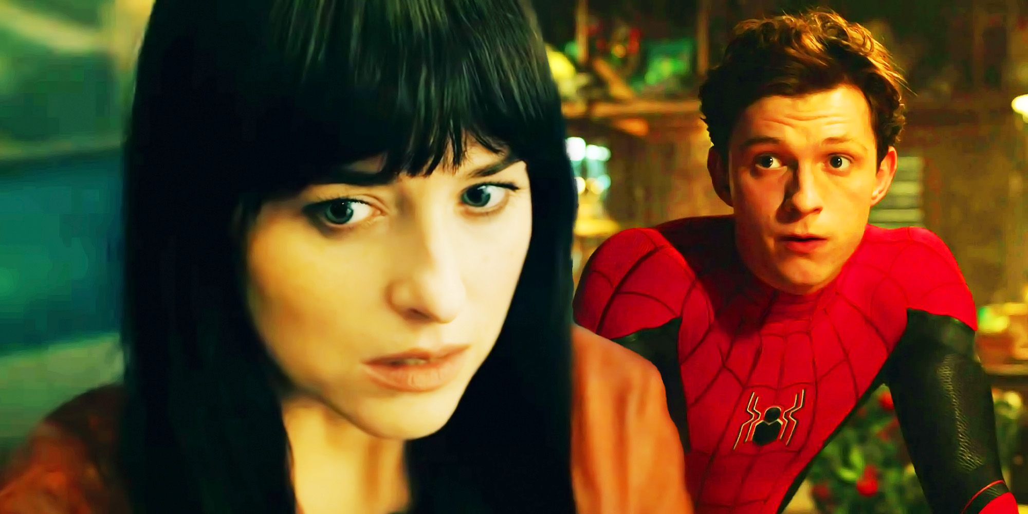 Madame Web looking scared and Tom Holland's Spider-Man looking in her direction