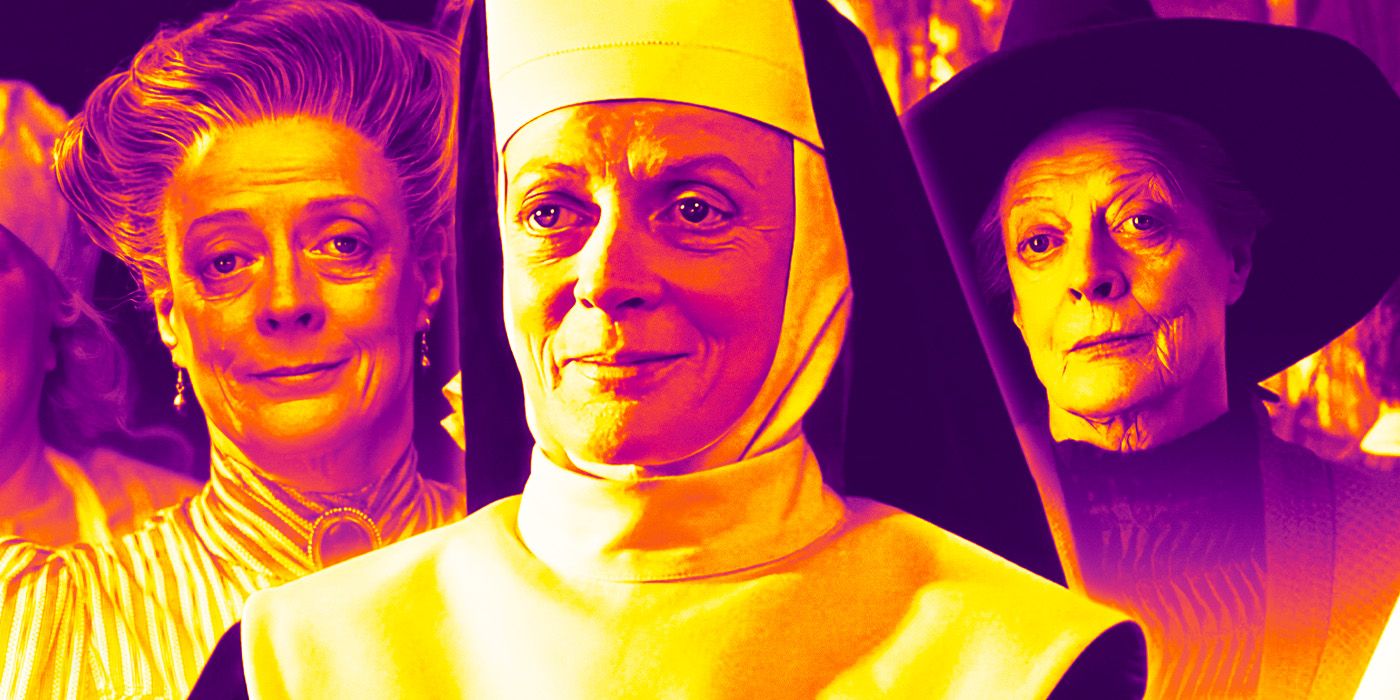 Collage of Maggie Smith as Charlotte Bartlett in A Room With a View, Mother Superior in Sister Act, and Minerva McGonagall in Harry Potter