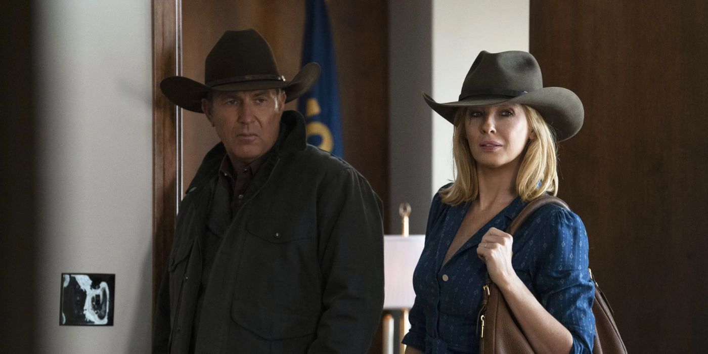 John and Beth Dutton side eye someone across the room in Yellowstone