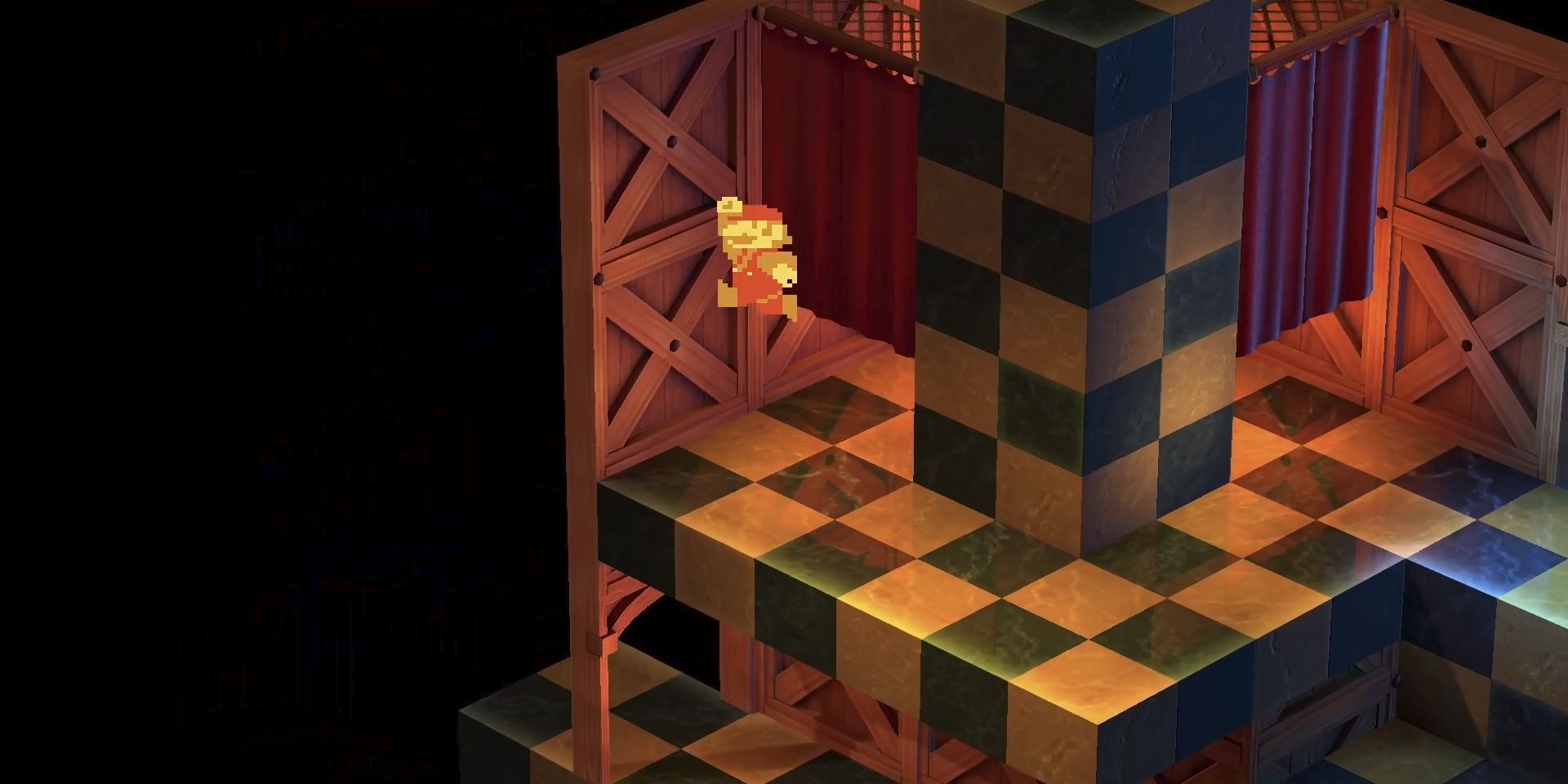 2D Mario jumps in a screenshot from Super Mario RPG.