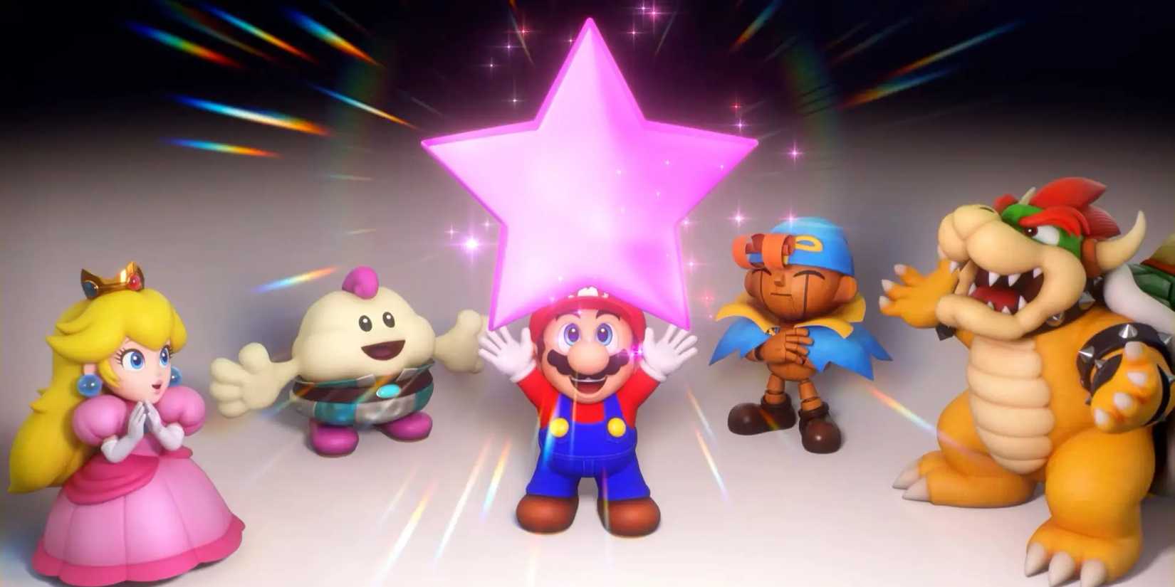 Mario holds a purple star as Peach, Mallow, Geno, and Bowser look on in a screenshot from the Super Mario RPG trailer.
