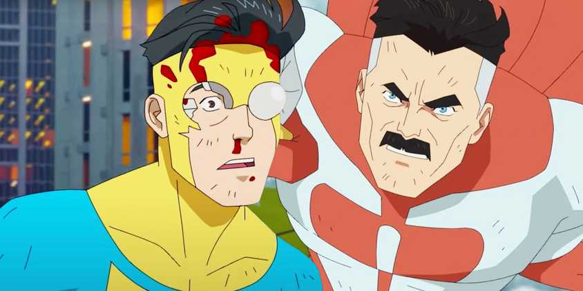 A custom image of Mark Grayson hurt during a fight and Omni-Man looking angry in Invincible