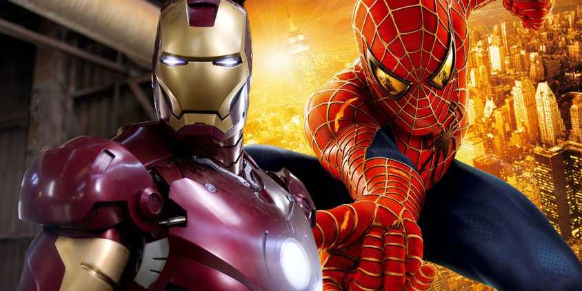 Robert Downey Jr. as Iron Man in the MCU and Spider-Man on the poster of Spider-Man (2002)