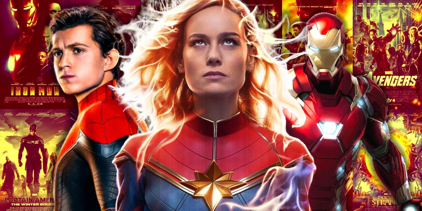 Captain Marvel, Spider-Man e Iron Man sullo sfondo dei poster Marvel